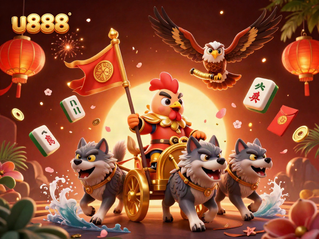 Join the excitement at u888 with a dynamic 3D scene featuring a rooster warlord, golden coins, and vibrant casino elements.